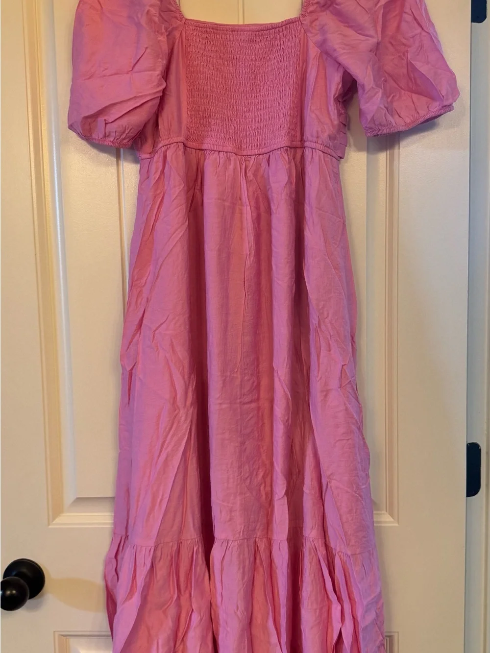 Pink Puff-Sleeve Square Neck Midi Dress